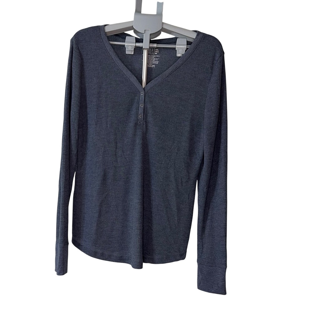 Time and Tru Womens XXL Blue Cove Heather Waffle Knit Henley Long Sleeve Top